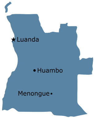 Map of Angola with capital city Luanda in the north, Huambo center, and Menongue in the south