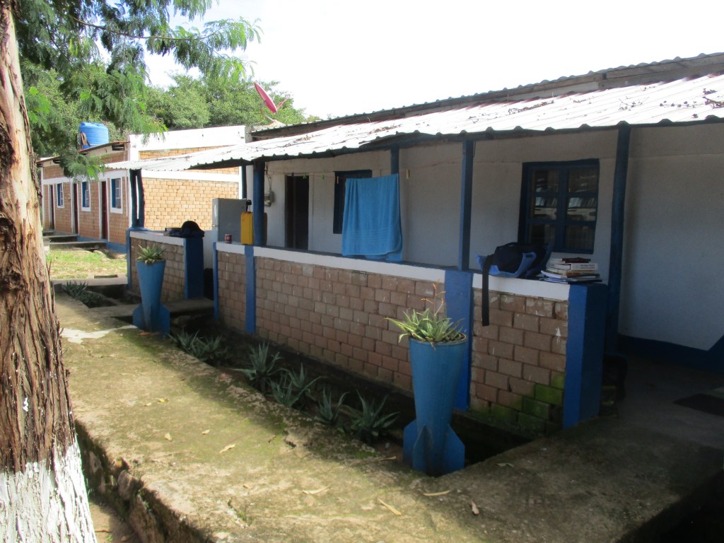 HALO Trust Menongue, Angola base. Bungalow with bomb fin planters