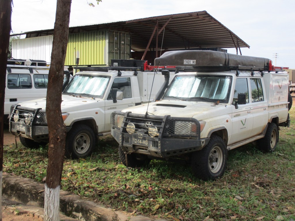 National Geographic vehicles parked at HALO Trust base in Menongue, Angola