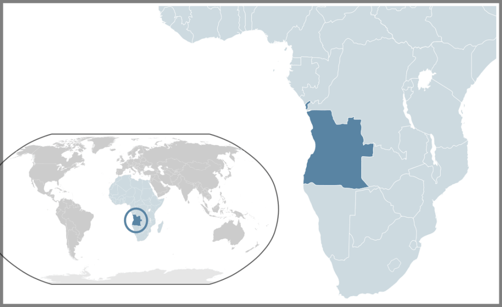 Map of the world with Africa and Angola highlighted