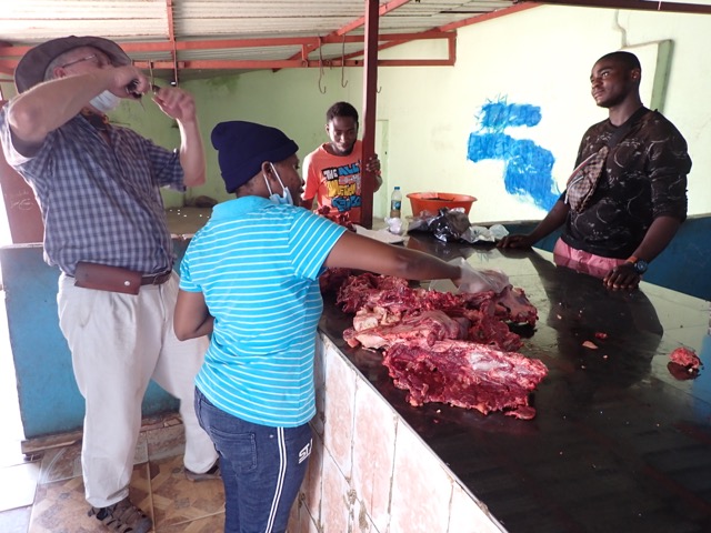 a woman shopping for meat at a butcher in a town in africa