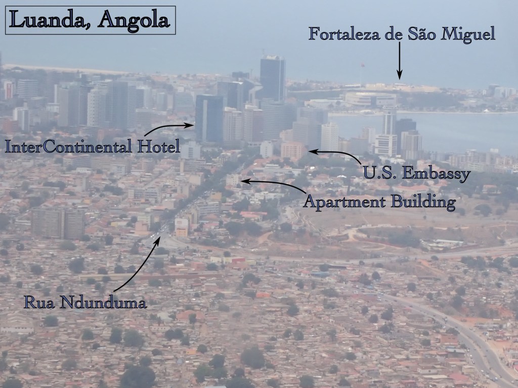 annotated aerial image of Luanda angola marking the fort, intercontinental hotel, u.s. embassy, an apartment building, and Rua Ndunduma